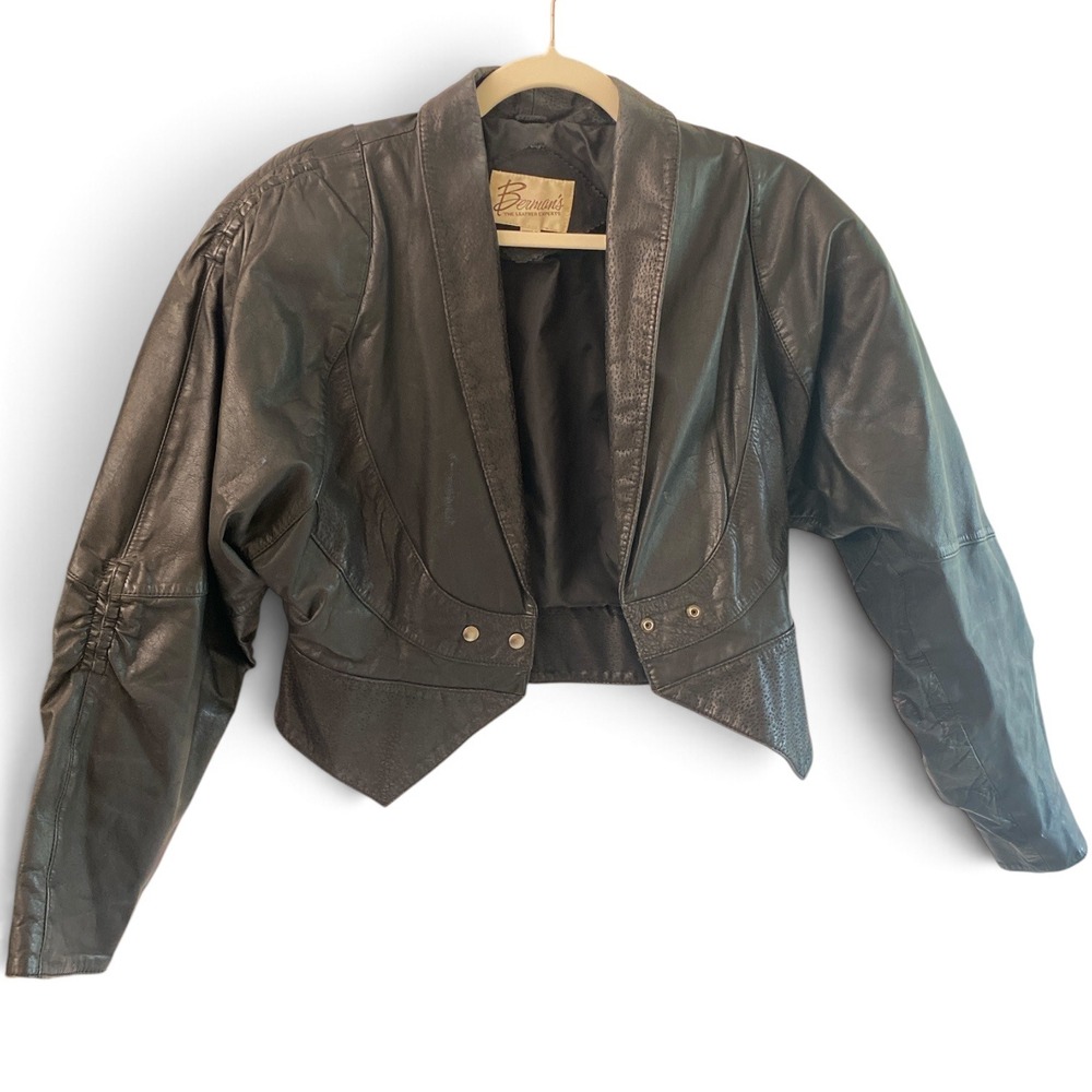 Vintage Bermans Black Leather Cropped Jacket 80s Dolman Sleeve Style 3243 Small